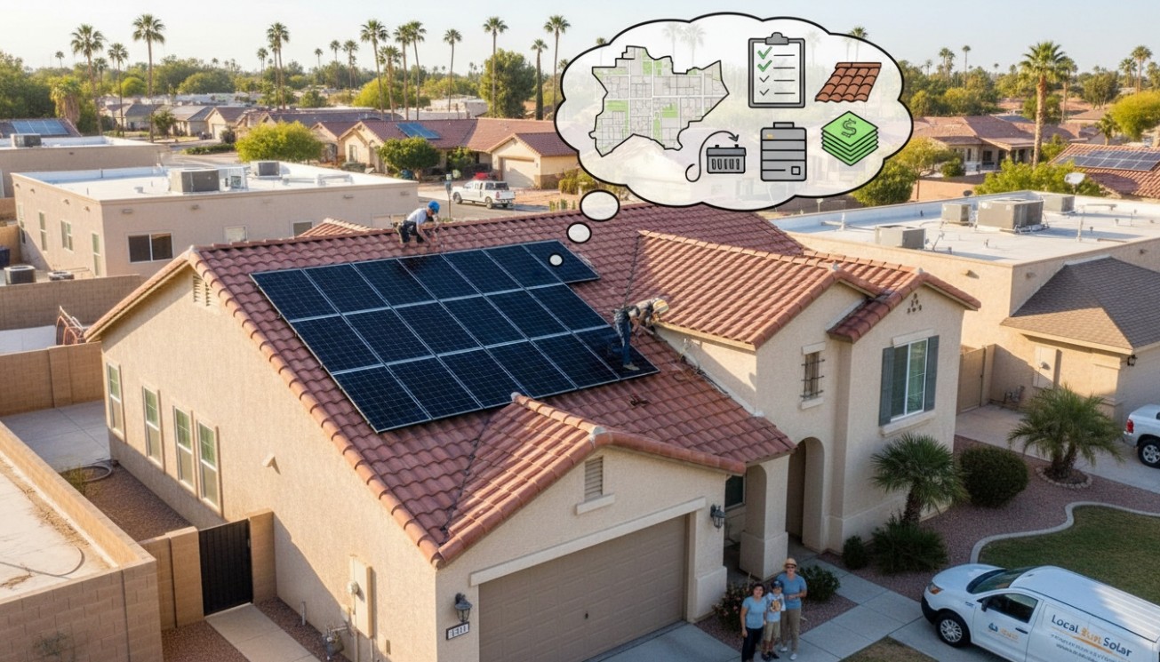 Local solar installer working on a residential rooftop with permitting, utility rules, incentives, roof type, and local project experience considerations